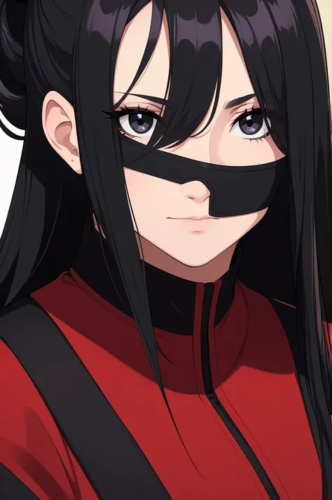 masterpiece, (solo), absurdres, portrait, ((upper body)), ((close up)), detailed background, fine detail, HDR, female, black hair, long hair, black eyes,  black and red ninja uniform, white shirt, hair over one eye, neutral expression