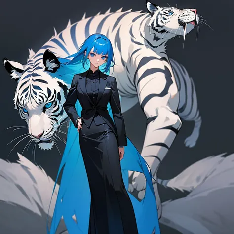 teenage girl (blue hair),(blue eyes),(Wear a simple, elegant, plain black skirt suit.),(The background is night on a tall building. There is 1 white tiger.),elegant