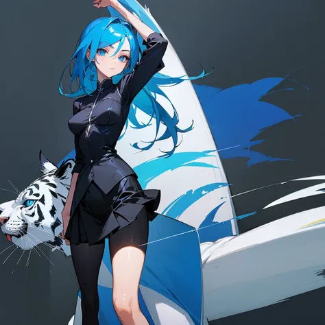 teenage girl (blue hair),(blue eyes),(Wear a simple, elegant, plain black skirt suit.),(The background is night on a tall building. There is 1 white tiger.),elegant