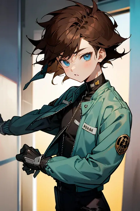 anime, boy, Brown hair, short hair, blue eyes, stylish jacket, black pants
