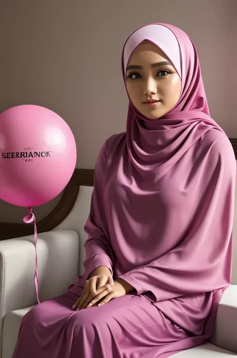 Seorang perempuan mengunakan hijab 
Mengahadap ke depan dan gaun ulang tahun berwarna pink, sedang duduk di atas kursi dikeliling balon dan didinding ada nama  Banbang, HD Realistic