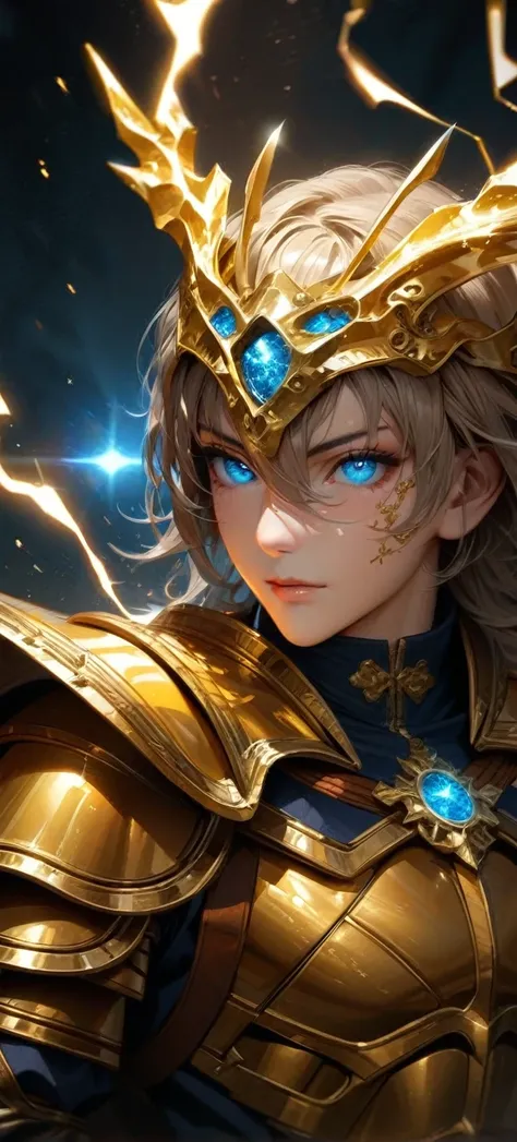  High quality, ultra realistic,absurdres, highres, ultra detailed, HDR, masterpiece, extremely detailed face and eyes,  Sagitarius Seiya, Saint Saiya , Golden Armor, solo, ,man, handsome, ,white eyeleshes, blue eyes , , Golden splashing effect, Golden ligh...