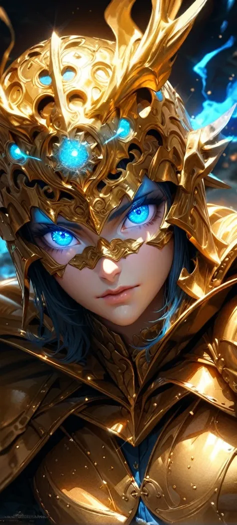  High quality, ultra realistic,absurdres, highres, ultra detailed, HDR, masterpiece, extremely detailed face and eyes,  Sagitarius Seiya, Saint Saiya , Golden Armor, solo, ,man, handsome, ,white eyeleshes, blue eyes , , Golden splashing effect, Golden ligh...