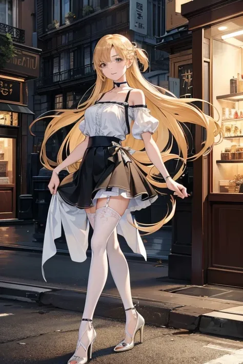 A beautiful young woman walking along the streets of Paris, wearing a short black skirt, a lace top, and transparent top, with long white stockings and high heels. She has blonde hair and a coquettish smile, her features highly detailed and realistic. The ...