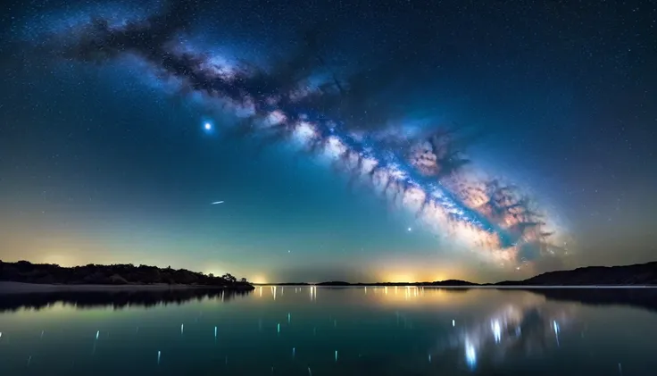 A captivating night sky filled with stars and the Milky Way galaxy over a calm, reflective body of water