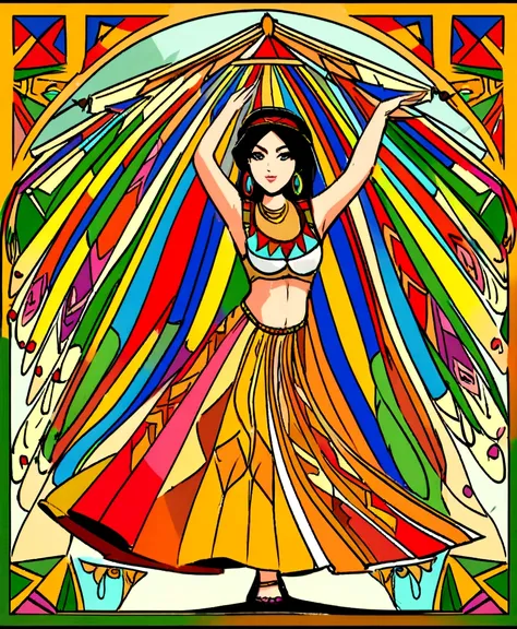 perky woman in a colorful dress with a long flowing skirt, Desenho digital, desenhado no Microsoft Paint, folk illustration, desenho colorido, cheio de cores, character dancing, desenho colorido, folk, desenho colorido, tribal dance, Folclore mexicano, uma...