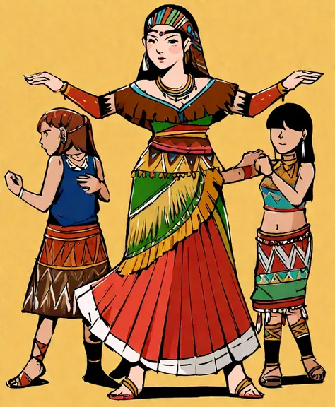 perky woman in a colorful dress with a long flowing skirt, Desenho digital, desenhado no Microsoft Paint, folk illustration, desenho colorido, cheio de cores, character dancing, desenho colorido, folk, desenho colorido, tribal dance, Folclore mexicano, uma...