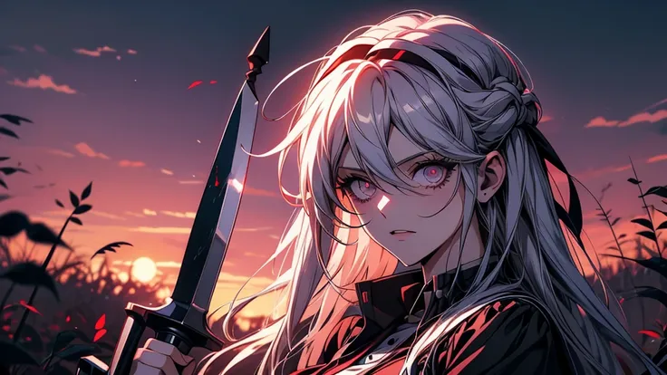 Close-up of a person holding a bloody axe in a field, Yandere. expensive, gapmoe Yandere grimdark, Yandere, gapmoe Yandere, Danganronpa digital art, Kantai Collection Style, portrait gapmoe Yandere grimdark, Fate-like anime style/Stay Night, Yandere intric...