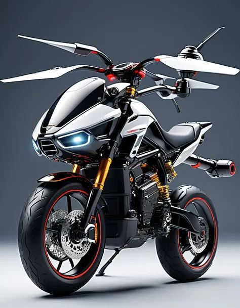 an illustration rich in details of a drone adapted as a motorcycle for transporting people