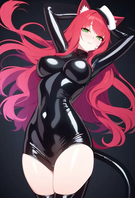 A breathtaking cat girl with stunning red hair cascading down her back, flowing gracefully over her curvaceous form. Her piercing green eyes seem to gaze directly into the viewers soul, demanding attention. She is dressed in a form-fitting midnight black l...