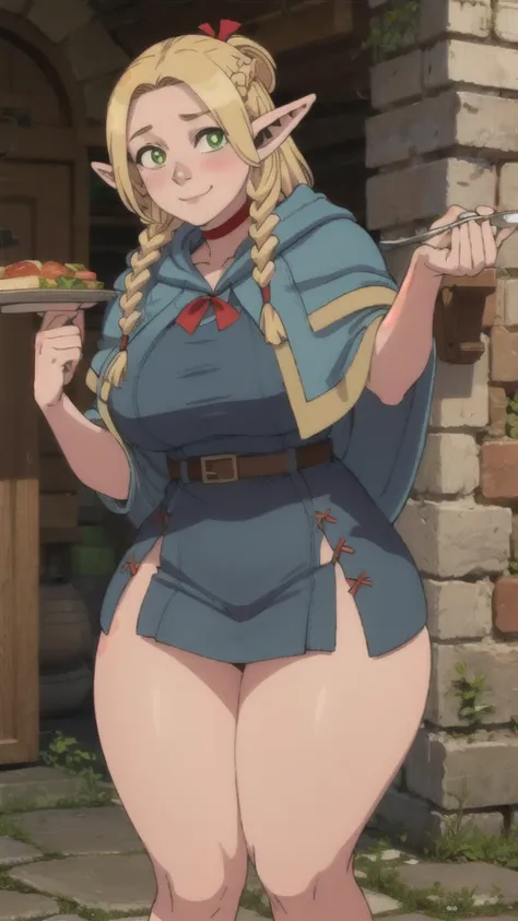 ((masterpiece,best quality)), absurdres,
Marcille_Donato_DungeonMeshi, 
1girl, solo, blonde hair, long hair, twin braids, elf, pointy ears, green eyes,
red choker, blue capelet, 
eating, plate, spoon
solo, smile,  blush, looking at viewer,(((thick thighs))...