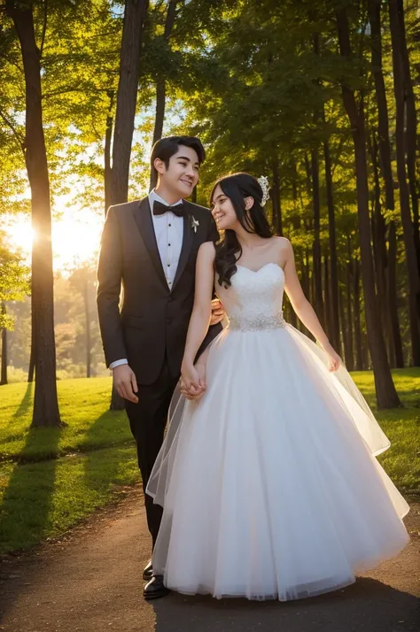 A boy and a girl, 1 woman (She has long black hair), 1 man (he has short black hair).wearing a formal dress， Anime style,Delicate facial features，Beautiful eyes，Expression smile，Delicate facial features，Pretty Face，daytime， Stand in the forest， Sunlight，Ba...