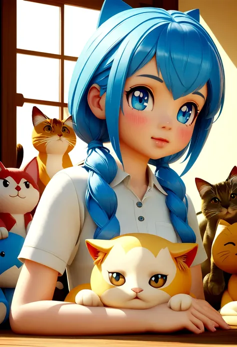 Anime girl with many stuffed animals and a cat.,Blue hair, blue eyes, cute detailed digital art., By Ryan Yee, Beautiful art style, cute digital painting, Beautiful digital art, good illustrations detalladas, digital anime illustration, Official 3D renderi...