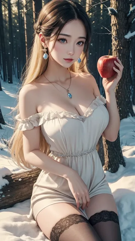 Snow White from “Snow White” interacts with animals in a real forest. Her gentle expression, the vividness of the apple she holds, and the landscape of the forest behind her are impressive. 8K , hd, highly detailed, realistic, photography, photo realism --...