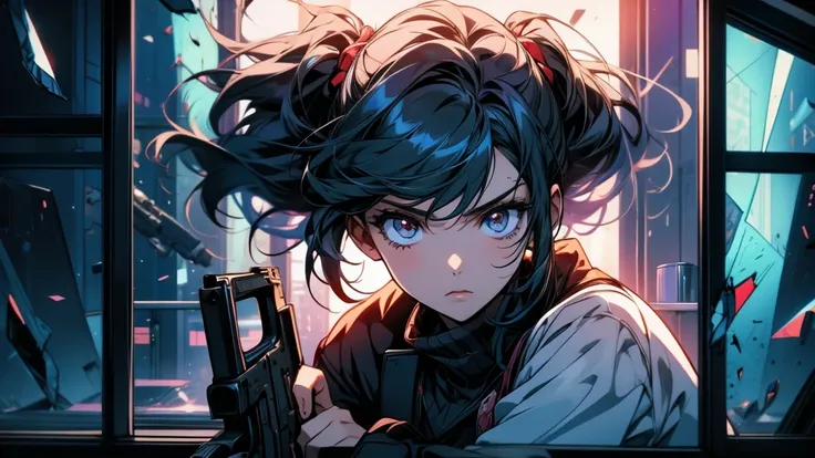 Anime girl with a gun、Looking through a broken glass window with a bullet in it, everyone, from Girls&#39; Frontline, Fine details. Girls&#39; Frontline, Anime Machine Gun Shooting, Girls&#39; Frontline cg, Anime Bullet VFX, Railgun, Gweitz, Girls&#39; Fro...