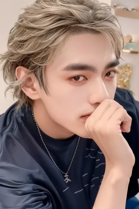 homem arafiado com uma camisa preta e um colar sentado em uma pedra, cai xukun, principais visuais do anime, Hsiao-ron, hyung tae, keisuke goto, inspirado em Bian Shoumin, Yanjun Chengt, kpop idol portrait, Tetsuya Nomura, Retrato de Jossi do Blackpink, xq...