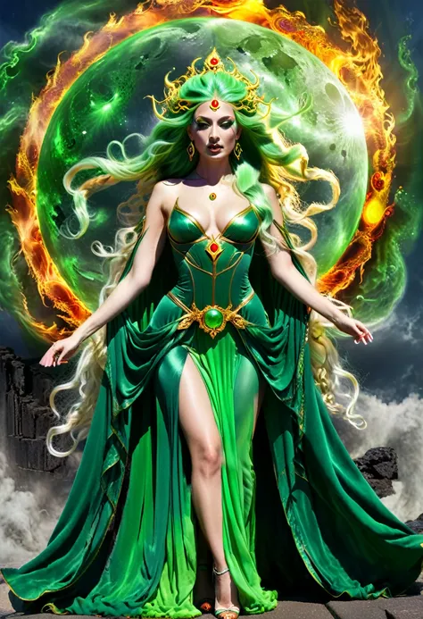 a tall lady goddess in perfect body proportion, perfect face, perfect body, third eye in front-head, royal regalia-cloak, very long-green-neon hair, blowing hair, medusa head, one hand pointing the sky, high heels, chakra-golden rays surrounded, mystical a...