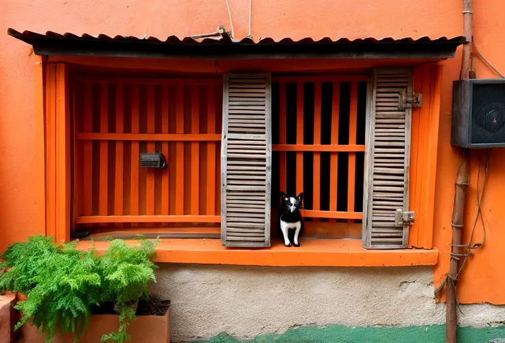 gato naranja en habitacion gris estilo lo-fi con instrumentos musicales, gato en la ventana, notas musicales flotando