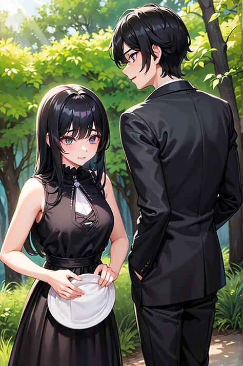 A boy and a girl, 1 woman (She has long black hair), 1 man (he has short black hair).wearing a formal dress， Anime style,Delicate facial features，Beautiful eyes，Expression smile，Delicate facial features，Pretty Face，daytime， Stand in the forest， Sunlight，Ba...