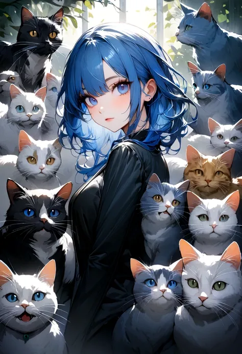 (Highest quality)(1 woman,single,blue hair,blue eyes ,Black suit shirt,Turn to look at the viewer,with many animals and cats)