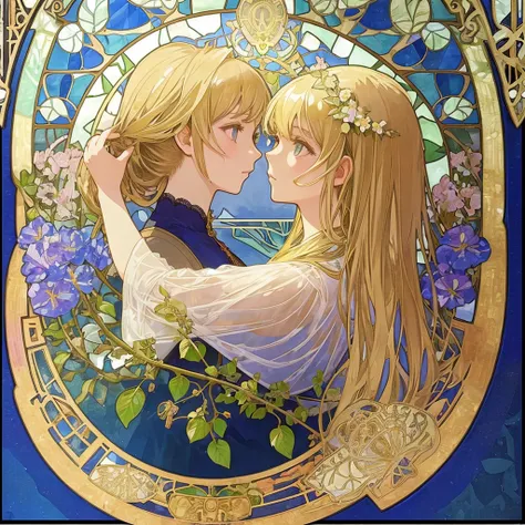 (((1 girl ))), masterpiece, highest quality, beautifully、aesthetic: 1.2, gem, Quality lace, Detailed frame, Flowers, leaf, A beautiful girl fits into the frame, Alphonse Mucha Style, Transparent and beautiful stained glass background,  blonde hair, profile