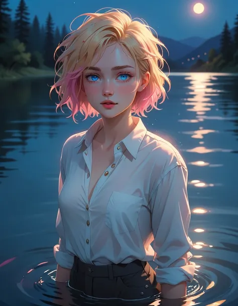 semi realistic art style, 90s aesthetic, deitailed textures, soft and warm light, adult woman(pale skin, short messy blonde hair with pink highlights, blue eyes), swimming in the lake at night, wearing a white button-down shirt, unbuttoning the shirt