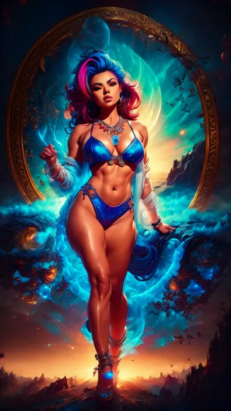 Full body of Latina Adult model Daisy Marie with colorful hair and necklace, ultrarealistic women with cosmic hair, Rossdraws soft vitality, Guvez style artwork, fantasy art style, colorful], vibrant fantasy style, Rossdraws cartoon full of vitality, cosmi...