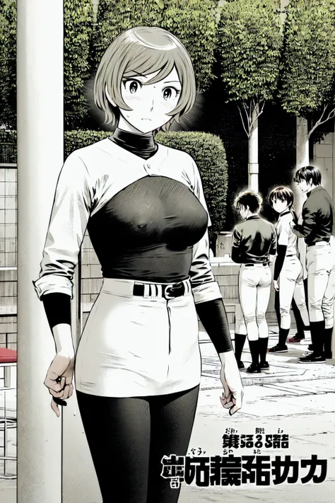 (野球uniform:1.2),
Blonde, (short hair:1.2),Long sleeve, Black Shirt, turtleneck,White trousers、uniform、Black belt、((People illustrations))、Big Breasts、
View your audience,, (Highest quality:1.3),One Girl, White pants、uniform、Outdoor、baseball ground、ground、s...