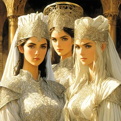 gondorian women in a almost gothic quasi byzantine gown a white silver or pale gray with intricate detail wearing a pale filmy h...