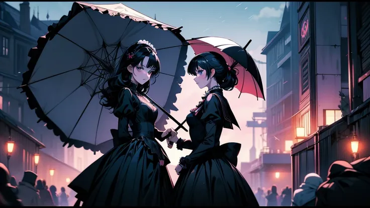 Anime Girls with black hair and blue eyes holding an umbrella, gothic maiden Anime Girls, Anime Girls in a maid costume, 1 7 year old anime goth girl, Anime Girls wearing a black dress, Cute girl anime visuals, Rorish, Anime Moe Art Style, Anime Styleに, (A...