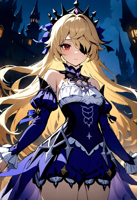 masterpiece, best quality, very aesthetic, absurdres, newest, ,1girl, eyepatch, fischl (ein immernachtstraum) (genshin impact), genshin impact, blonde hair, long hair, official alternate costume, red eyes, dress, tiara, detached sleeves, hair over one eye,...