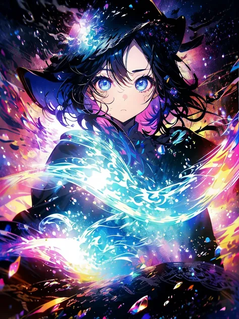 25-year-old girl、Rune background、black magician、Wearing a black robe、mesmerize、cute woman、Elegant hairstyle、indigo hair color、Slightly shorter hair、blue eyes、look at the viewer、masterpiece、Best image、