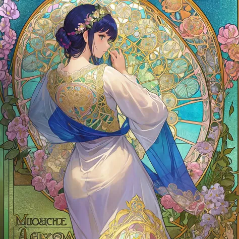 (((1 girl ))), masterpiece, highest quality, beautifully、aesthetic: 1.2, gem, Quality lace, Detailed frame, Flowers, leaf, A beautiful girl fits into the frame, Alphonse Mucha Style, Transparent and beautiful stained glass background,  rainbow colorful hai...