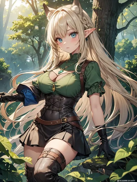 (Just one person) Features: A adventurer, fair-skinned elven woman, with elven ears, a curvy body, a thin waist and very large large bust. She has big sapphire blues eyes. Her hair is long blonde wolfcut style and half up half down with long curtain bangs ...