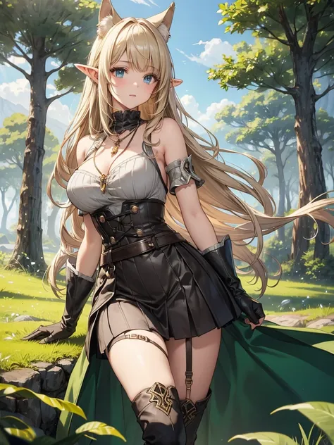 (Just one person) Features: A adventurer, fair-skinned elven woman, with elven ears, a curvy body, a thin waist and very large large bust. She has big sapphire blues eyes. Her hair is long blonde wolfcut style and half up half down with long curtain bangs ...