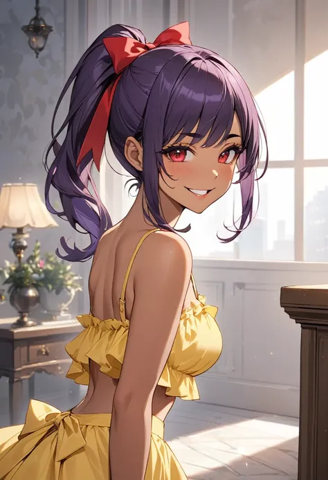 (anime style),masterpiece, best quality, extremely detailed,tanned skin,15yo gal,dark skin Beautiful body,Cinderella bust,BREAK,multicolored dark Purple hair,little side ponytail,short hair with long locks,BREAK,red eyes,naughty smile,shy,,thick eyebrow,sm...