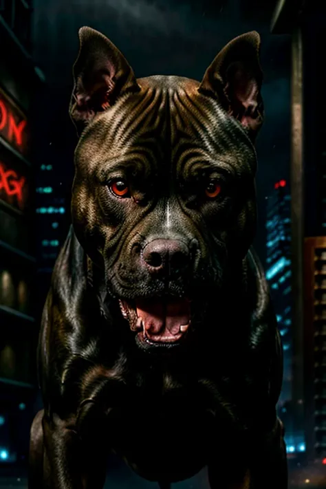 a muscular aggressive pitbull dog with glowing red eyes, baring its teeth, in an attack stance, angry expression, dark moody lighting, dramatic shadows, gritty urban setting, detailed fur texture, 8k, highly detailed, photorealistic