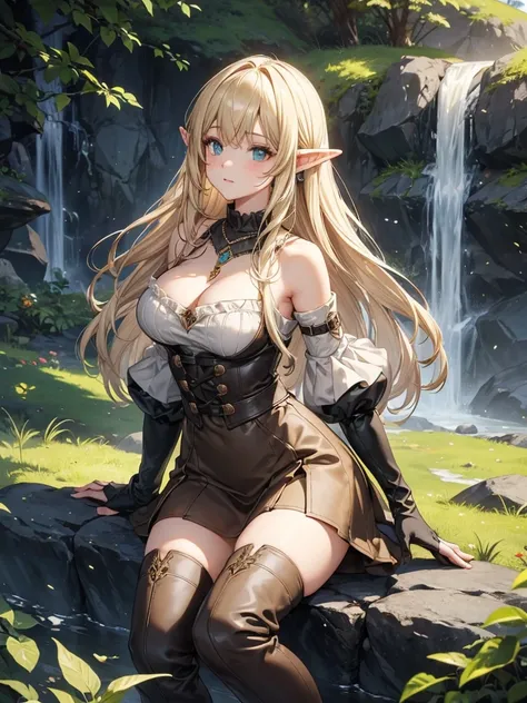 (Just one person) Features: A adventurer, fair-skinned elven woman, with elven ears, a curvy body, a thin waist and very large large bust. She has big sapphire blues eyes. Her hair is long blonde wolfcut style and half up half down with long curtain bangs ...