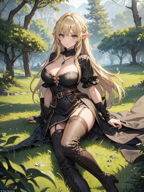 (Just one person) Features: A adventurer, fair-skinned elven woman, with elven ears, a curvy body, a thin waist and very large large bust. She has big sapphire blues eyes. Her hair is long blonde wolfcut style and half up half down with long curtain bangs ...