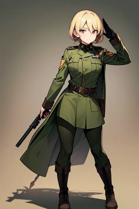 content:
an anime woman in a military uniform. she has dark brown eyes, blonde hair that ends halfway down her back, and militar...