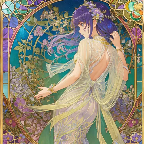 (((1 girl ))), masterpiece, highest quality, beautifully、aesthetic: 1.2, gem, Quality lace, Detailed frame, Flowers, leaf, A beautiful girl fits into the frame, Alphonse Mucha Style, Transparent and beautiful stained glass background,  rainbow colorful hai...