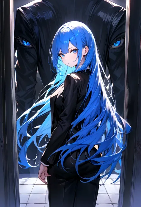 (Highest quality)(1 woman,single,blue long hair,blue eyes ,Black suit shirt,Turn to look at the viewer,standing with guardian cat) look back