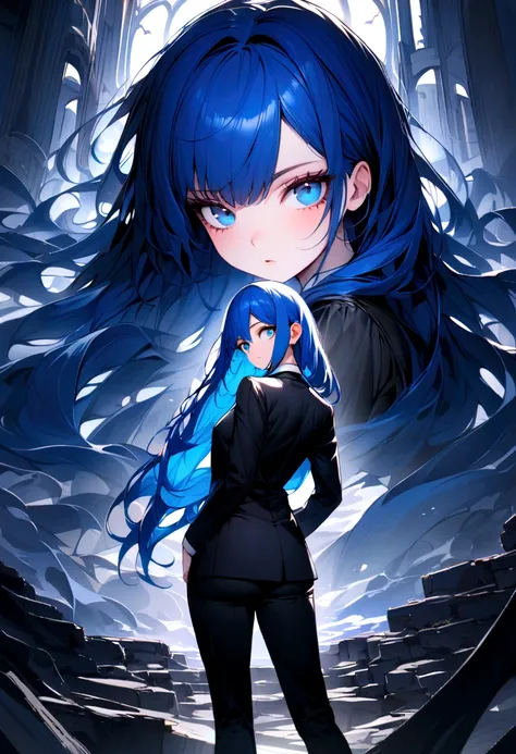 (Highest quality)(1 woman,single,blue long hair,blue eyes ,Black suit shirt,Turn to look at the viewer,standing with guardian cat) look back