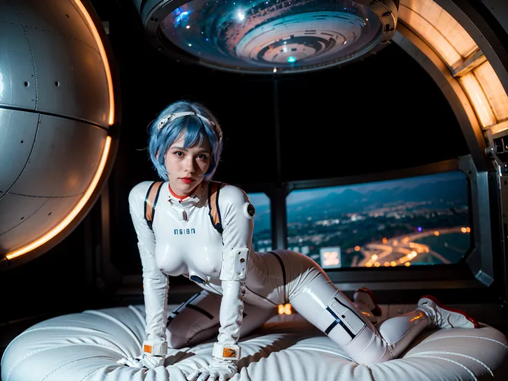 (masterpiece), (best quality), (red eyes), (epiCRealLife), (red lipstick),(cleavage), (j4nu4ryj0n3s) (young woman), (European Model), (Plugsuit), (ayanami_rei plugsuit), interface headset, white bodysuit),(white gloves) (red eyes), (blue hair), (medium bre...