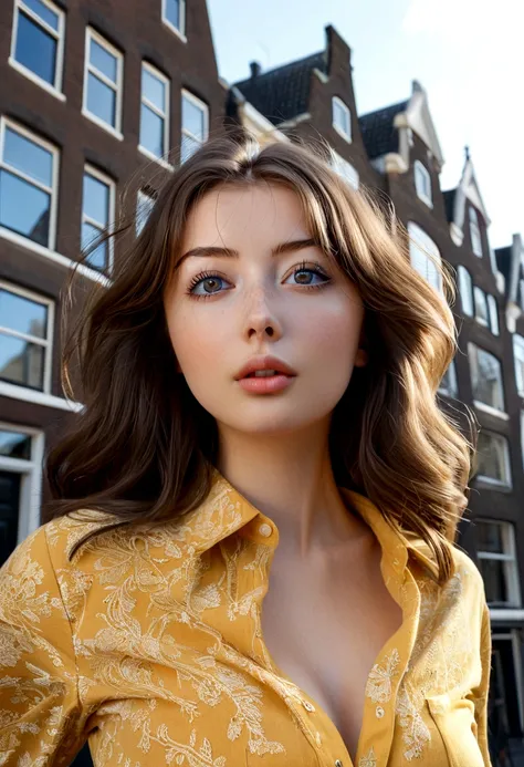 ((Sophie Mudd))), Photo brute, belle 24 ans.oh woman, visage mignon, very hot, wonderful goddess, (((Cheveux noirs mi-longs))), frange devant, yeux marrons, in Amsterdam, well dressed with a shirt, Low angle shot, Coup moyen, photo de haute qualité