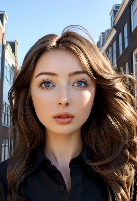 ((Sophie Mudd))), Photo brute, belle 24 ans.oh woman, visage mignon, very hot, wonderful goddess, (((Cheveux noirs mi-longs))), frange devant, yeux marrons, in Amsterdam, well dressed with a shirt, Low angle shot, Coup moyen, photo de haute qualité