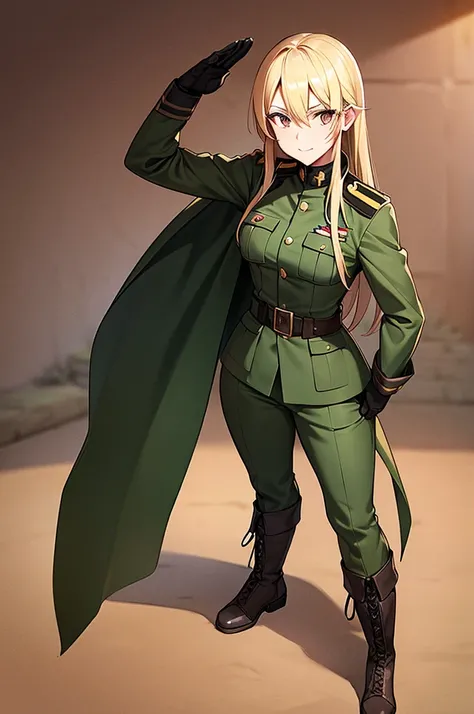 Content:
An anime woman in a military uniform. She has dark brown eyes, tanned skin, blonde hair that ends halfway down her back, and military boots. Her military uniform has themes of brown to reflect the desert background, and she carries binoculars. Her...