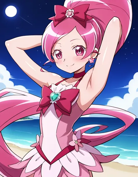 cureblossom, shiny skin, high quality, solo, 1girl, night sky, beach, arms behind head, sexy, (contrapposto), closed mouth, spread armpits, cowboy shot, looking at viewer, smile, best quality, blushing,