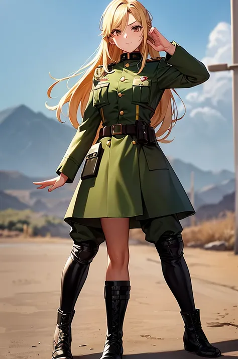 Content:
An anime woman in a military uniform. She has dark brown eyes, tanned skin, blonde hair that ends halfway down her back, and military boots. Her military uniform has themes of brown to reflect the desert background, and she carries binoculars. Her...