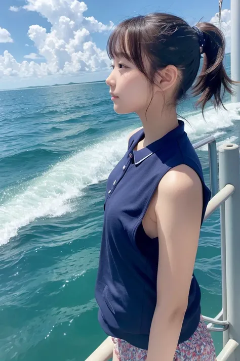 ponytail　photograph　Sea background　Girl　cute